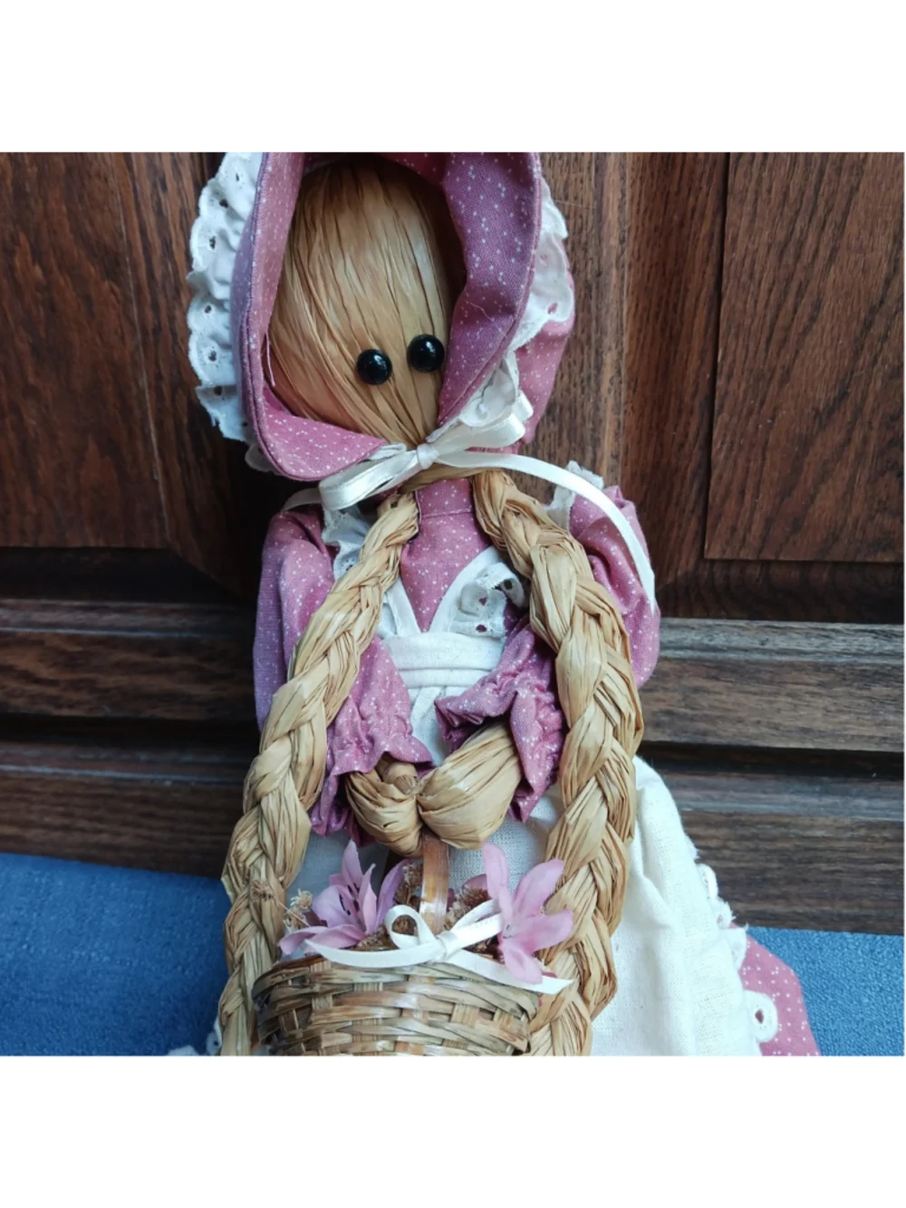 VTG Cottagecore Straw Doll Pink Calico Braids Basket 16